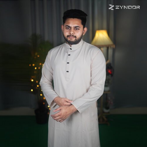 Zynoor Cream Microstitch Panjabi - Front Look