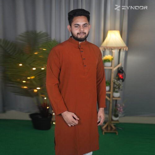 Zynoor Premium Microstitch Solid Panjabi – Tiger Orange - Image 2