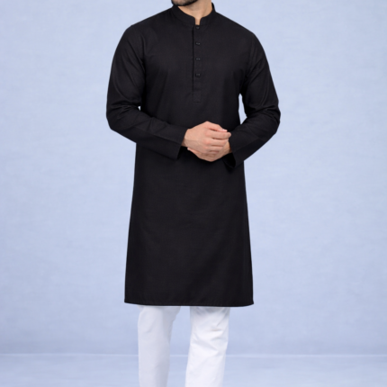 Zynoor Premium Microstitch Solid Panjabi – Black