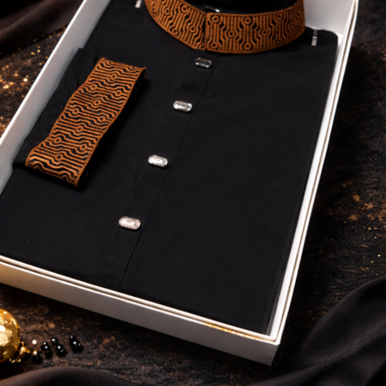 Zynoor Black China Micro Stitch Panjabi with Elegant Embroidery – Premium Traditional Wear for Men in Bangladesh Alternate ALT (Detail View): Close-up Embroidery Detail of Black Micro Stitch Panjabi by Zynoor