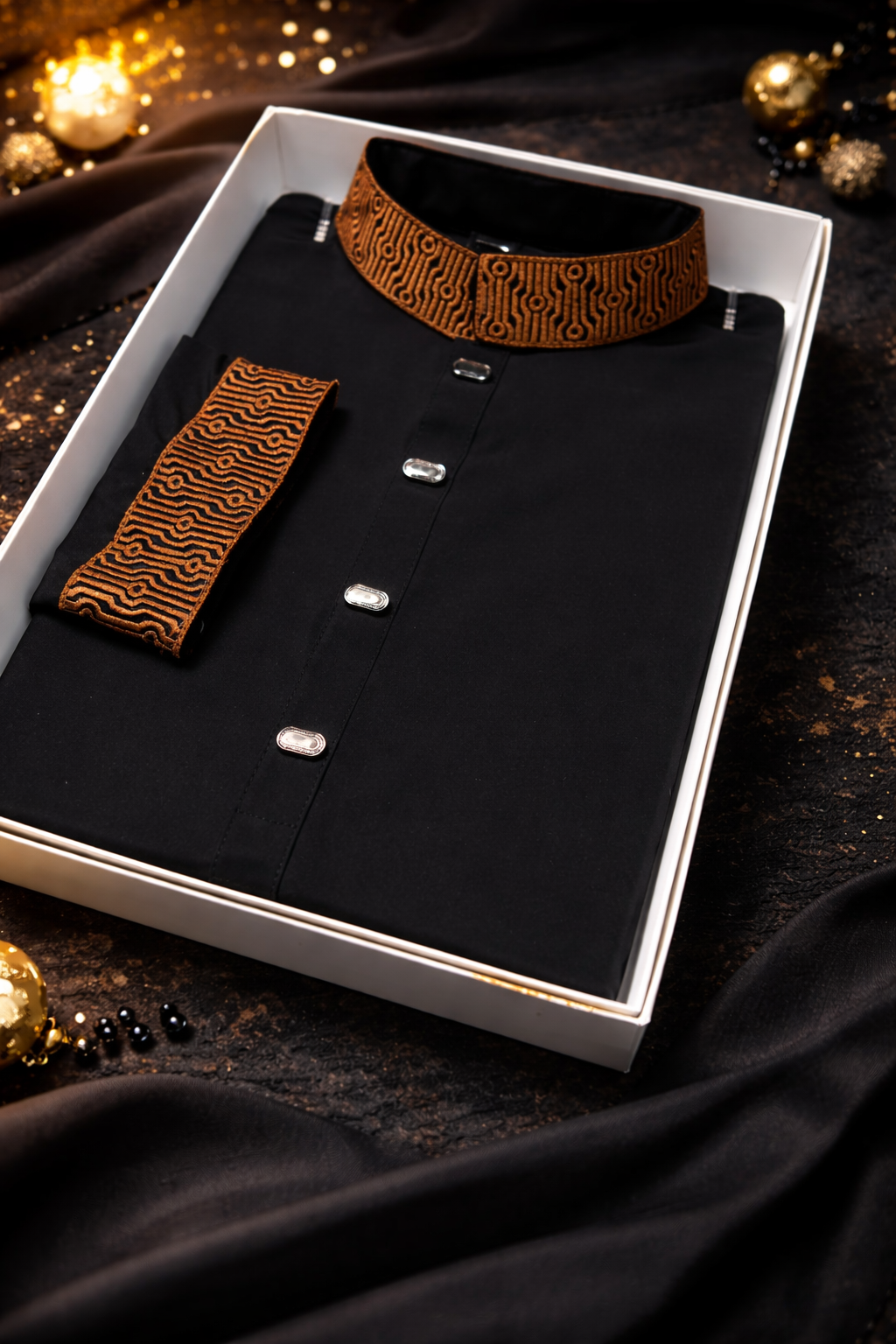 Zynoor Black China Micro Stitch Panjabi with Elegant Embroidery – Premium Traditional Wear for Men in Bangladesh Alternate ALT (Detail View): Close-up Embroidery Detail of Black Micro Stitch Panjabi by Zynoor