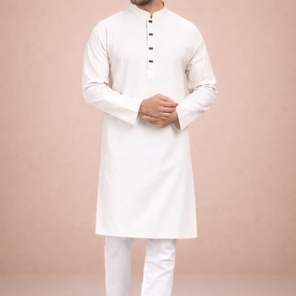 Zynoor Premium Microstitch Solid Panjabi – White