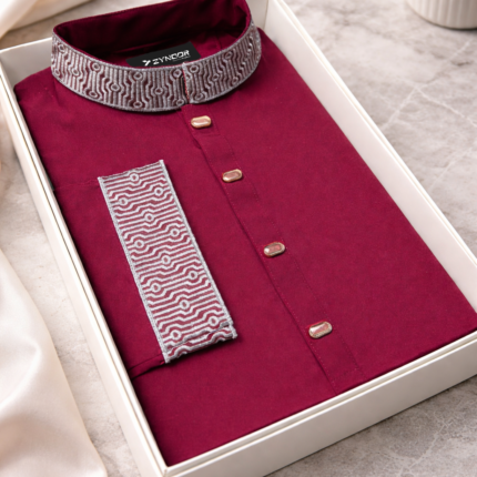 Zynoor China Micro Stitch Panjabi with Elegant Embroidery (Maroon)