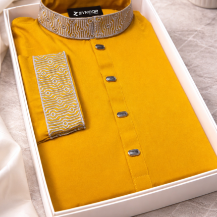 Zynoor Mustard Yellow China Micro Stitch Panjabi with Elegant Embroidery – Premium Traditional Wear for Men in Bangladesh Alternate ALT: Premium Mustard Yellow Micro Stitch Embroidery Detail Panjabi by Zynoor