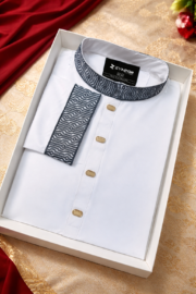 Zynoor China Micro Stitch Panjabi with Elegant Embroidery (White)