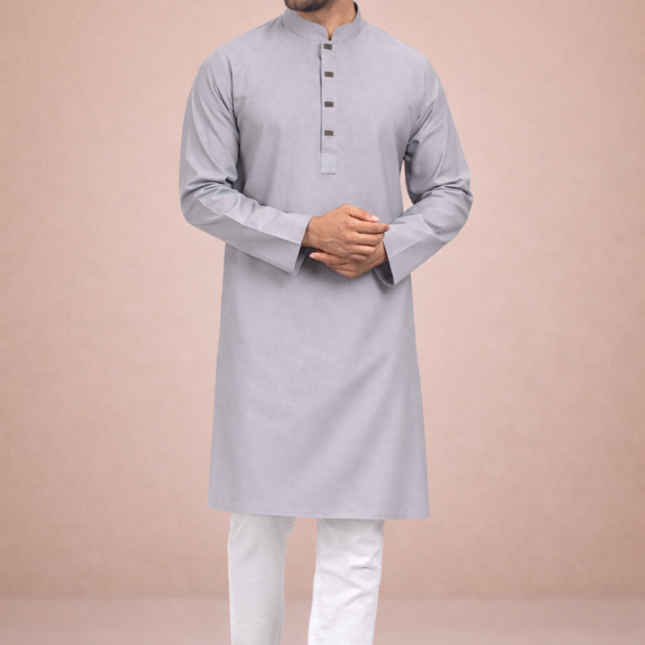 Zynoor Premium Microstitch Solid Panjabi – Ash
