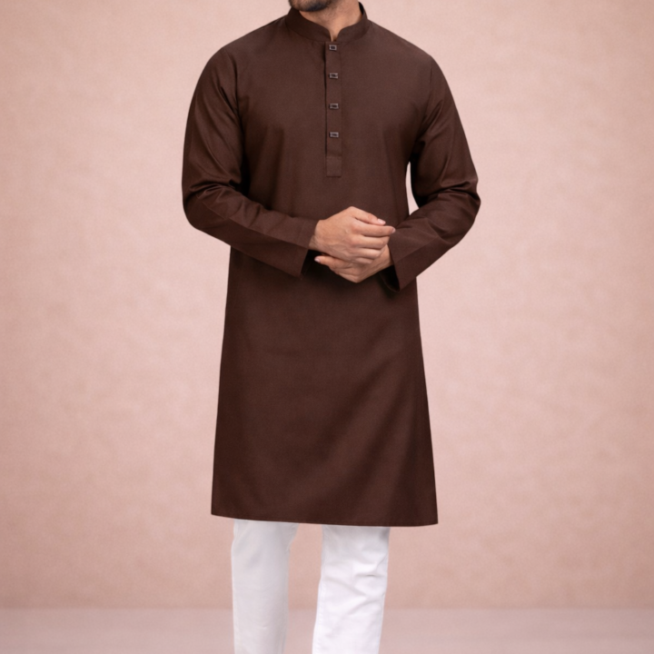 Zynoor Premium Microstitch Solid Panjabi – Coffee