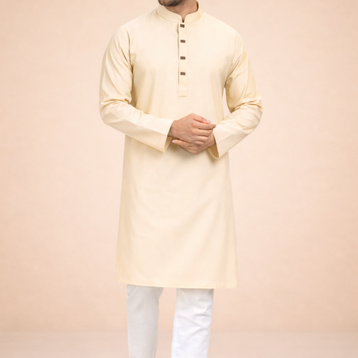 Zynoor Premium Microstitch Solid Panjabi – Cream
