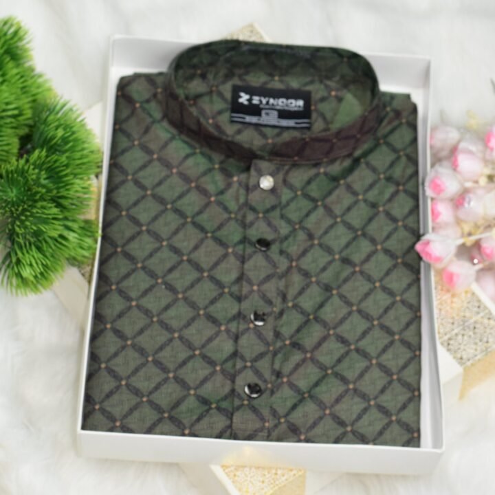 Zynoor Premium Jacket Print Cotton Panjabi (Olive) – Code: 401