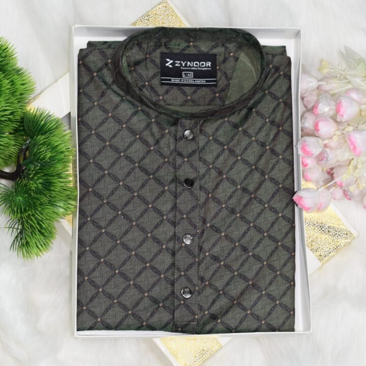 Zynoor Premium Jacket Print Cotton Panjabi (Olive) – Code: 401