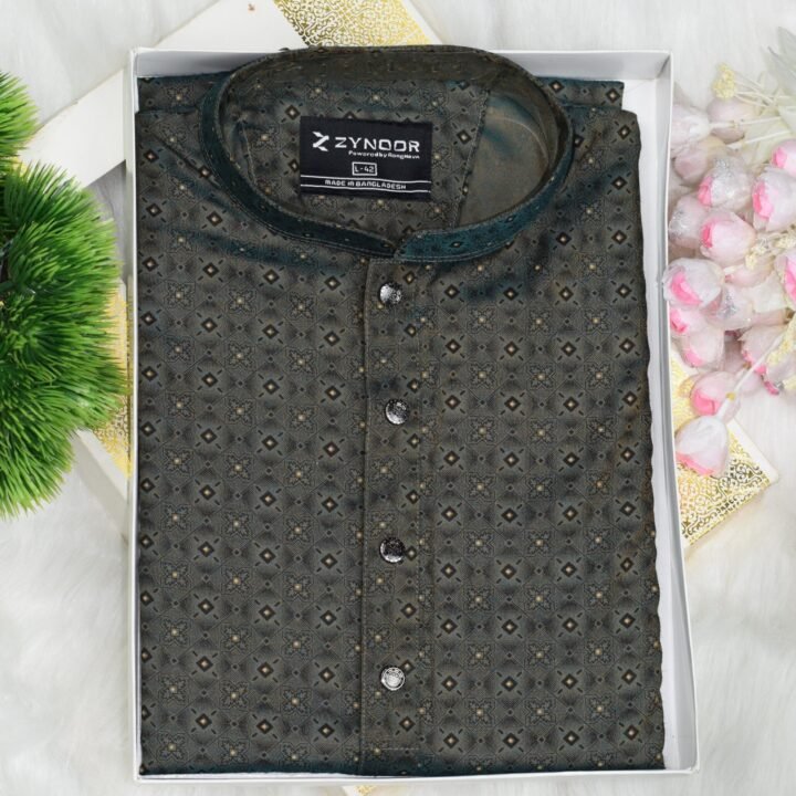 Zynoor Premium Jacket Print Cotton Panjabi (Olive) – Code: 402