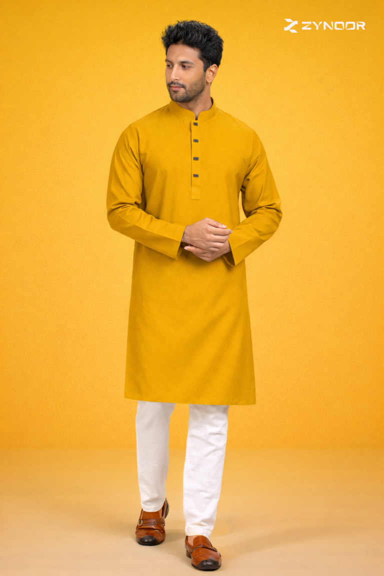 Zynoor Premium Microstitch Solid Panjabi – Mustard Yellow