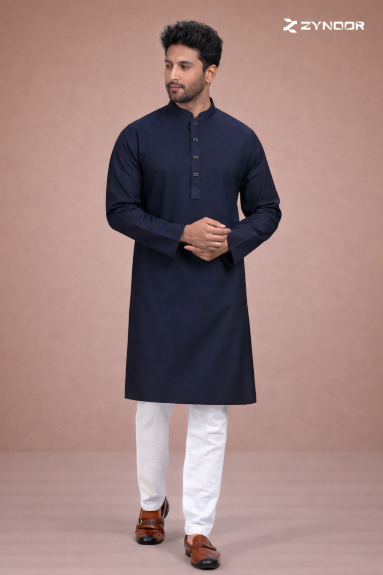Zynoor Premium Microstitch Solid Panjabi – Navy Blue