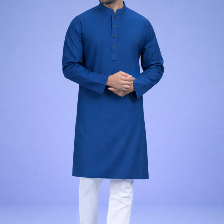 Zynoor Premium Microstitch Solid Panjabi – Petrol Blue