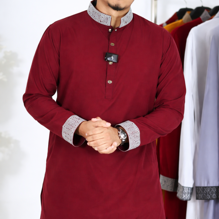 Zynoor China Micro Stitch Panjabi with Elegant Embroidery (Maroon)