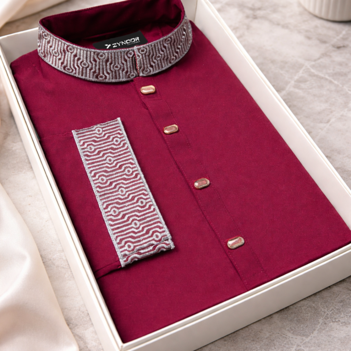 Zynoor China Micro Stitch Panjabi with Elegant Embroidery (Maroon)